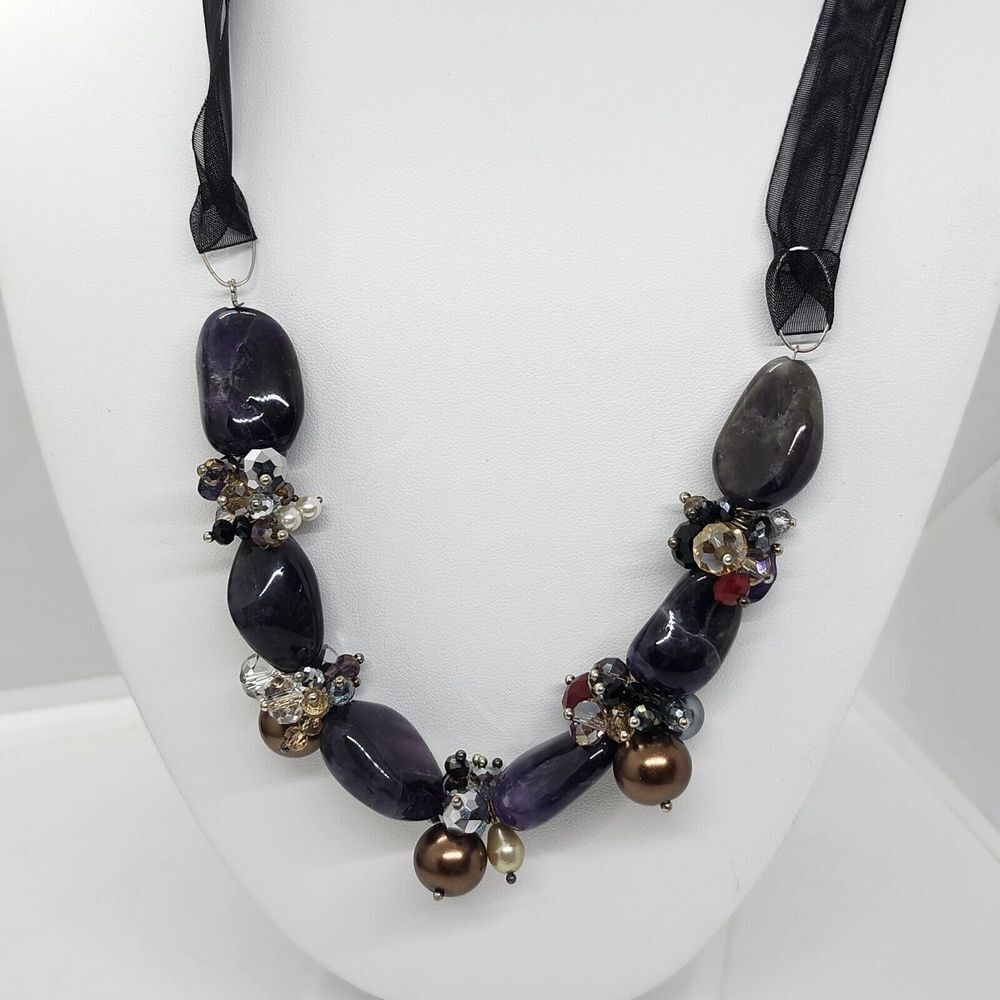 Chunky Stone Beaded Ribbon‎ Back Necklace